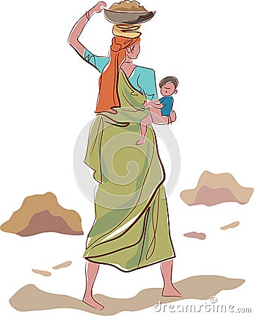 Working indian mother Vector Illustration