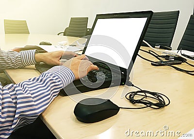 working on laptop close up of hands of business man. Stock Photo