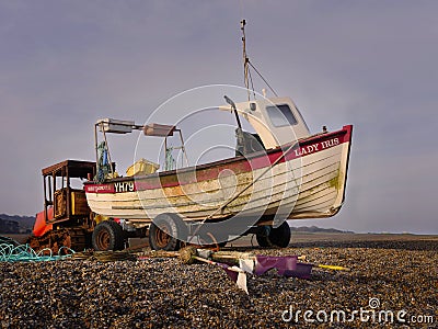 Working Lobster Boat and Tractor Editorial Stock Photo