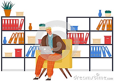 Working male character employee in office sitting with computer typing on keyboard communicating Vector Illustration