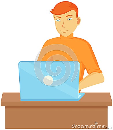 Working male character employee in office sitting at table with computer typing on keyboard Vector Illustration