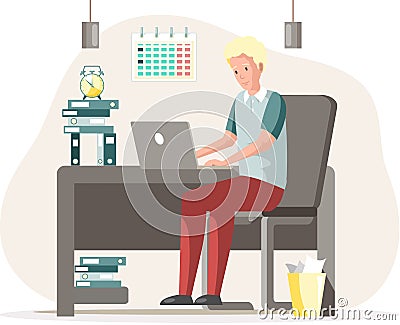 Working male character employee in office sitting at table with computer, typing on keyboard Vector Illustration