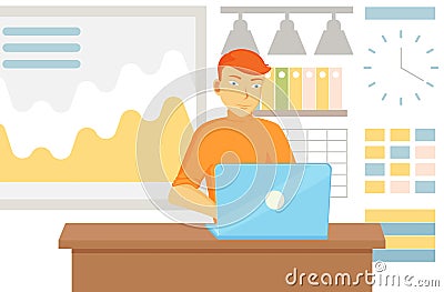 Working male character employee in office sitting at table with computer typing on keyboard Vector Illustration