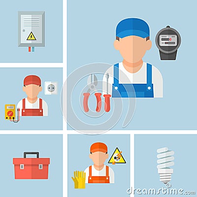 Working male electrician with electrical tools Vector Illustration