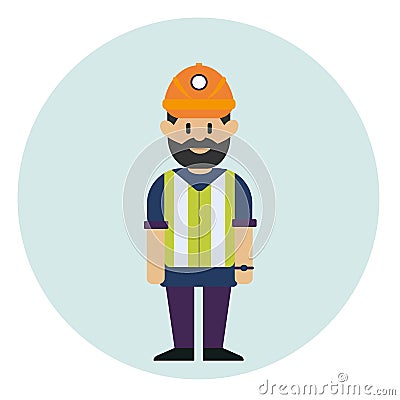 Working man in helmet and reflective waistcoat. Vector flat design illustration Cartoon Illustration