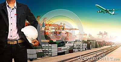 Working man and ship,trains ,plane ,freight cargo logistic and i Stock Photo