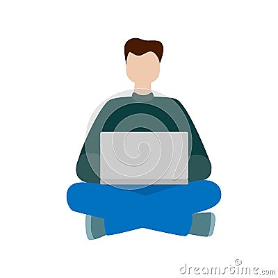 Working man sitting with a computer. Social network concept. Freelance remote work. Vector Illustration