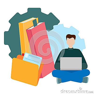 Working man sitting with a computer. Social network concept. Freelance remote work. Vector Illustration