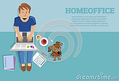 Working Man sitting at home with laptop, dog, drinks Vector Illustration