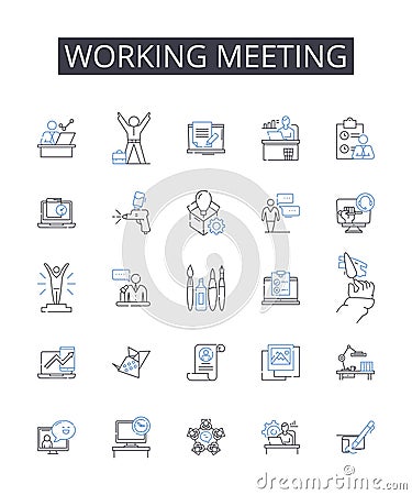 Working meeting line icons collection. Planning session, Team brainstorm, Creative workshop, Productive huddle, Brain Vector Illustration