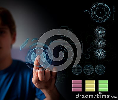 Working on modeling global warming temperatures , using hitech futuristic touch screens ,world wide modeling Stock Photo