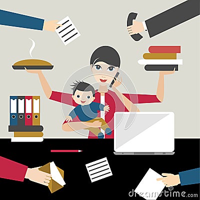 Working mother with child in business offiice. Multitasking person. Vector Illustration