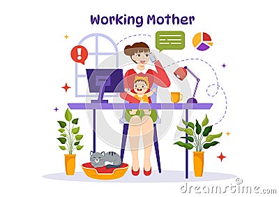 Working Mother Vector Illustration with Mothers who does Work and Takes Care of her Kids at the Home in Multitasking Cartoon Vector Illustration