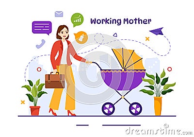 Working Mother Vector Illustration with Mothers who does Work and Takes Care of her Kids at the Home in Multitasking Cartoon Vector Illustration