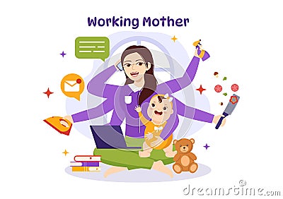 Working Mother Vector Illustration with Mothers who does Work and Takes Care of her Kids at the Home in Multitasking Cartoon Vector Illustration