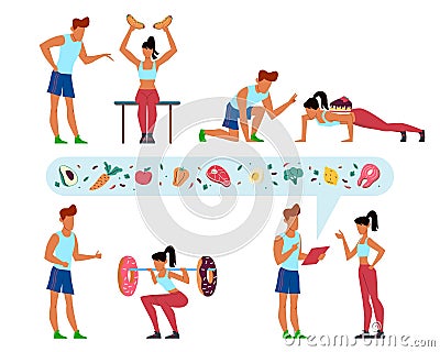 Working off kilocalories. Diet instructions. People training in gym. Trainer teaches woman to workout. Fast food and sweets. Coach Vector Illustration