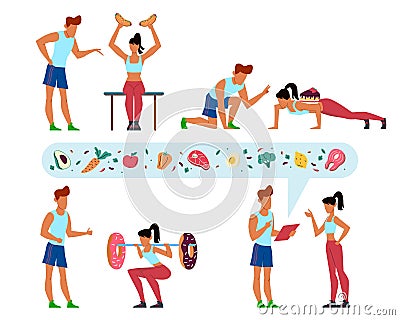 Working off kilocalories. Diet instructions. People training in gym. Trainer teaches woman to workout. Fast food and Vector Illustration