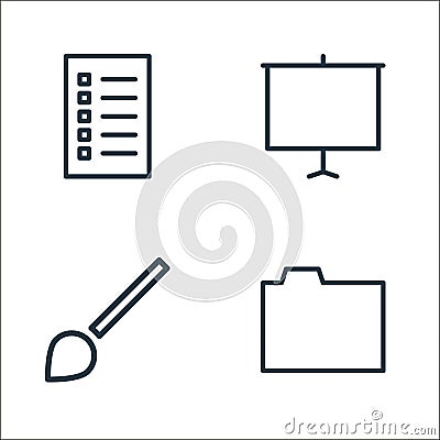 working in the office line icons. linear set. quality vector line set such as folder, brush, keynote presentation Vector Illustration