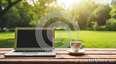 Working outside with coffee ai generated laptop template Stock Photo