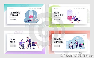 Working Overload, Disabled Employment Website Landing Page Set. Handicapped Worker Introducing with New Workplace Vector Illustration