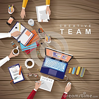 Working place of creative team in flat design Vector Illustration