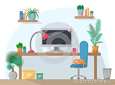 Working place illustration in flat style, computer on work table with chair, lamp, mug, shelves with books, home plants Vector Illustration