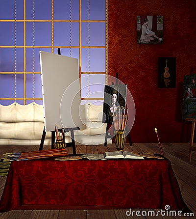 Painter study with a white canvas Stock Photo