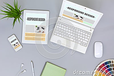 Working Place of web Designer on grey Table top View Stock Photo