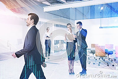 Working process at office in downtown. Double exposure. Business Stock Photo