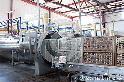 Working process of the production of green peas on cannery. Pasteurization in autoclave Stock Photo