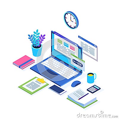 Working process. Time management. 3d isometric office workplace with computer, laptop, pc, mobile phone, coffee, clock, calendar, Vector Illustration