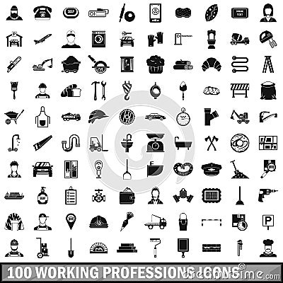 100 working professions icons set, simple style Vector Illustration
