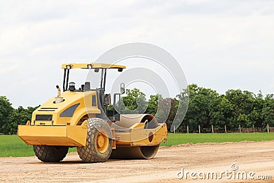 working road roller on ground Stock Photo