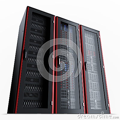 Working server rack isolated on black backgroundRow of three turned off server racks isolated on black background Stock Photo