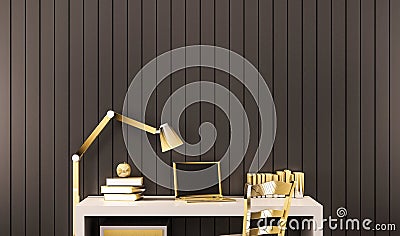 Working space, luxury golden objects on working desk with black aluminum wall, 3d rendered Stock Photo