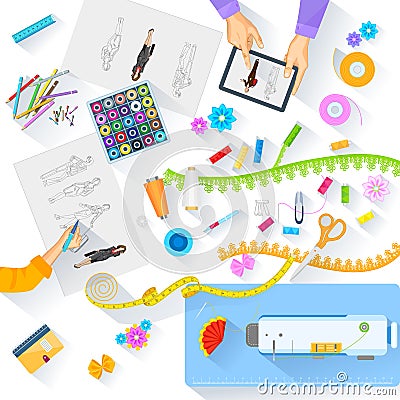 Working table of fashion designer Vector Illustration