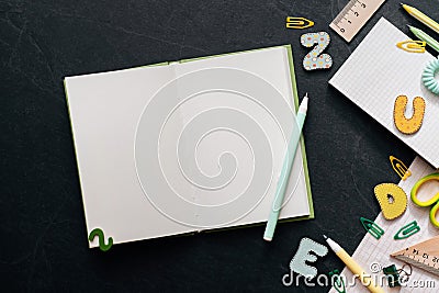 Working table for writing on black scheduler planner, blank Stock Photo