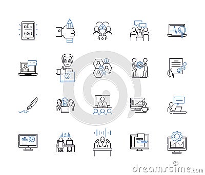 Working team outline icons collection. Collaborative, Unit, Cooperative, Productive, Efficient, Effective, Unified Vector Illustration