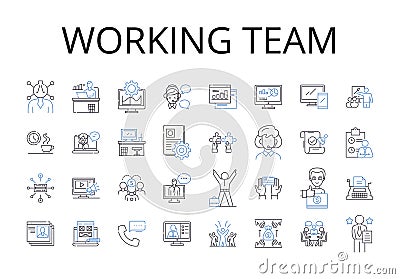 Working team line icons collection. Taskforce, Brigade, Crew, Unit, Posse, Squad, Troupe vector and linear illustration Vector Illustration