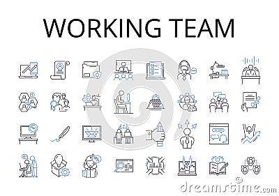 Working team line icons collection. Taskforce, Brigade, Crew, Unit, Posse, Squad, Troupe vector and linear illustration Vector Illustration