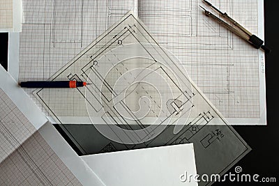 Working on a technical drawing. Stock Photo