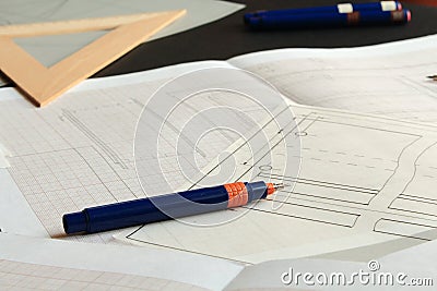 Working on a technical drawing. Stock Photo