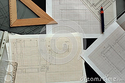 Working on a technical drawing. Stock Photo