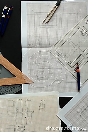 Working on a technical drawing. Stock Photo