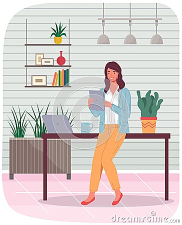 Working with technology, electronics. Office worker with tablet, electronic device at workplace Vector Illustration