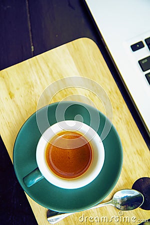 Working time. hot coffee, espesso with laptop. business concept Stock Photo