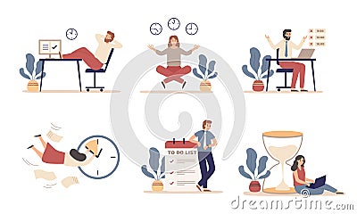 Working time planning. Work schedule, organize works productivity and tasks time management flat vector illustration set Vector Illustration