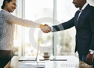 Working together will greatly benefit our company. two businesspeople shaking hands in an office. Stock Photo