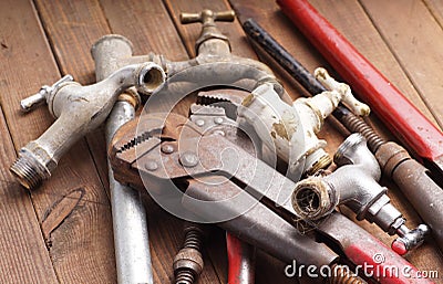 Working tools, plumbing, pipes and faucets Stock Photo