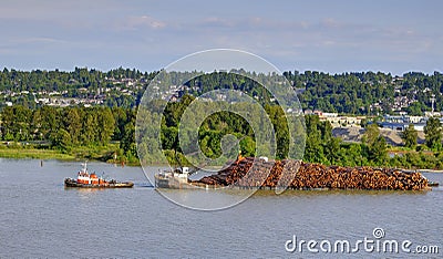 A working tugboat towing a cargo ship full of logs on a river Stock Photo